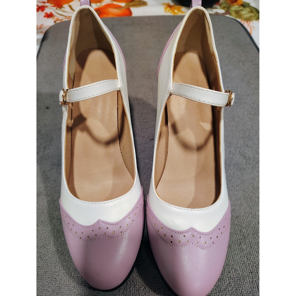 Vintage Style Lavender Cream Mary Jane Brogue Pumps Wingtip Heels Size 42